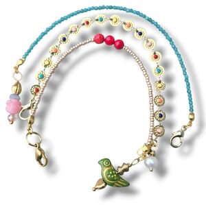 Farm Rio Style Bracelet Stack Of 3, Gold, Enamel, Red Coral, Apatite, Bird